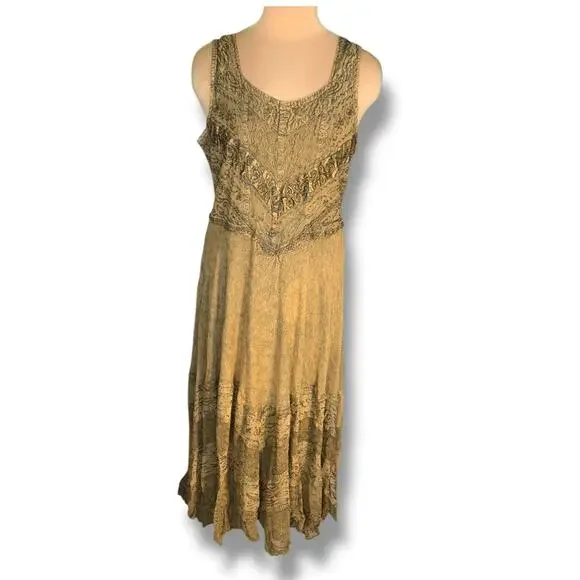 Vintage 90s Brown Boho Embroidered Crinkle Maxi Sleeveless Sundress Plus Size 1X - Picture 11 of 11